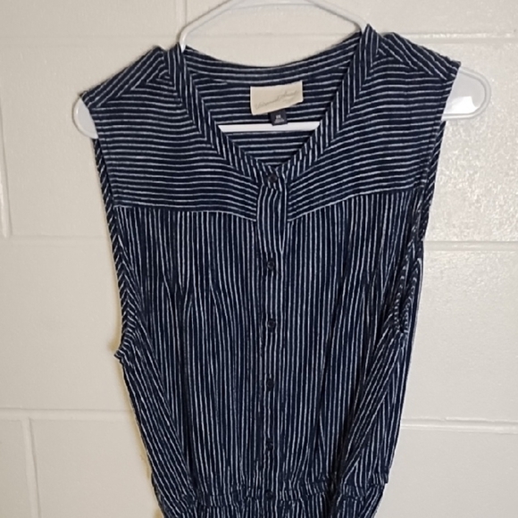 Navy & White Stripe Linen Blend Button Down Shirt Dress Ruffle Hem Knee Length - Picture 1 of 14